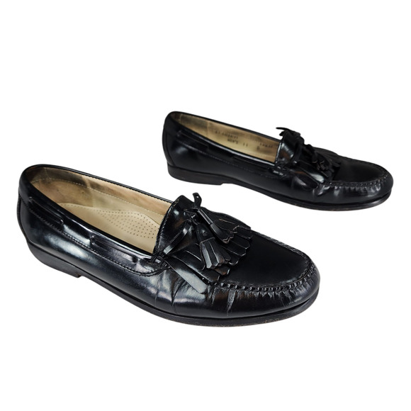 Cole Haan Loafers sz 11D Men Kiltie Fringe Tassels Black Leather Slip On Moc Toe - Picture 1 of 12